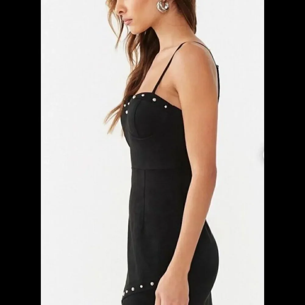 NWT~Black Faux Suede Gold Studded Cami Mini Dress